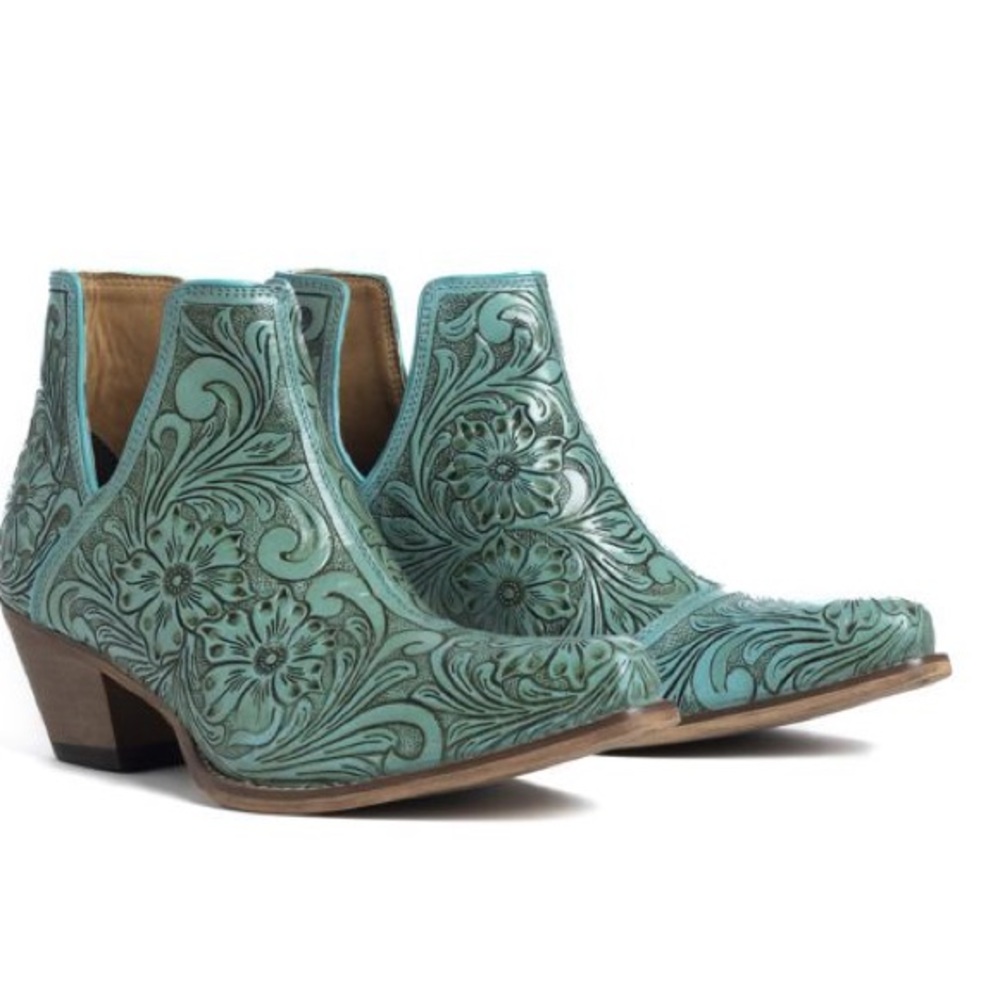 🔥Hand Tooled Genuine Leather Women Bootie Boot Boho Western Shoe Teal Turquoise - Picture 2 of 11